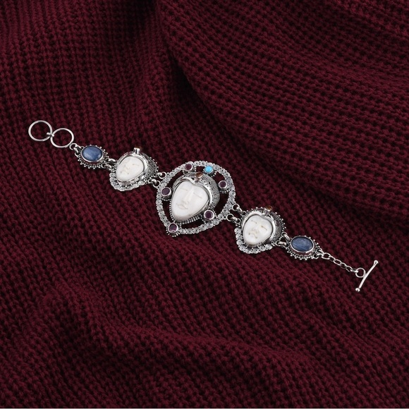 BALI GODDESS Carved Bone and Multi‎ Gemstone Toggle Clasp Bracelet - Picture 1 of 6